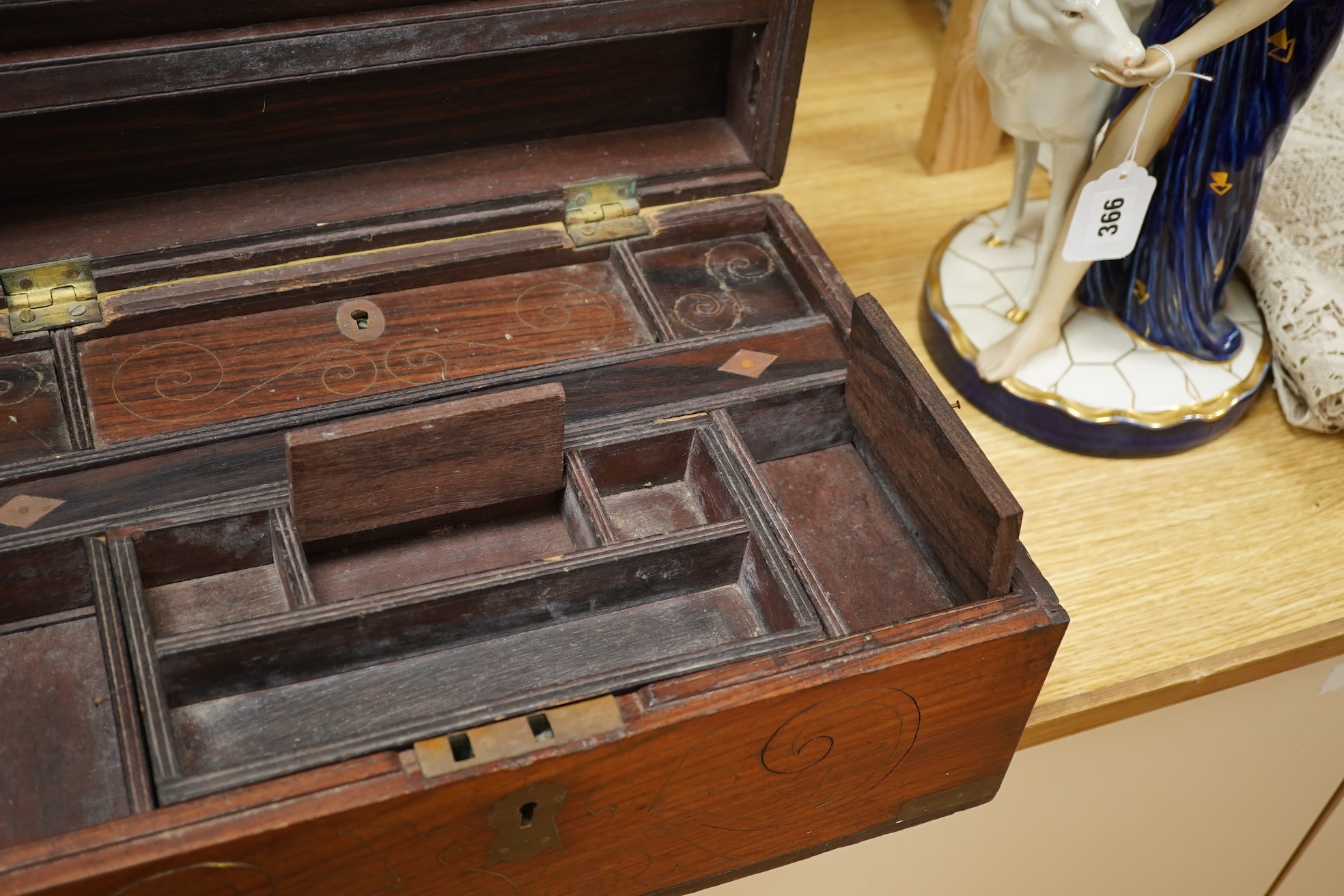 A 19th century brass inlay rosewood writing box an mahogany writing box, 42cm wide x 18cm high